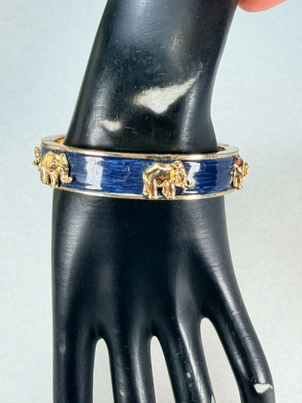 Vintage Gold Tone Blue Elephant Hinged Bangle Bracelet Relief Animal Hinged